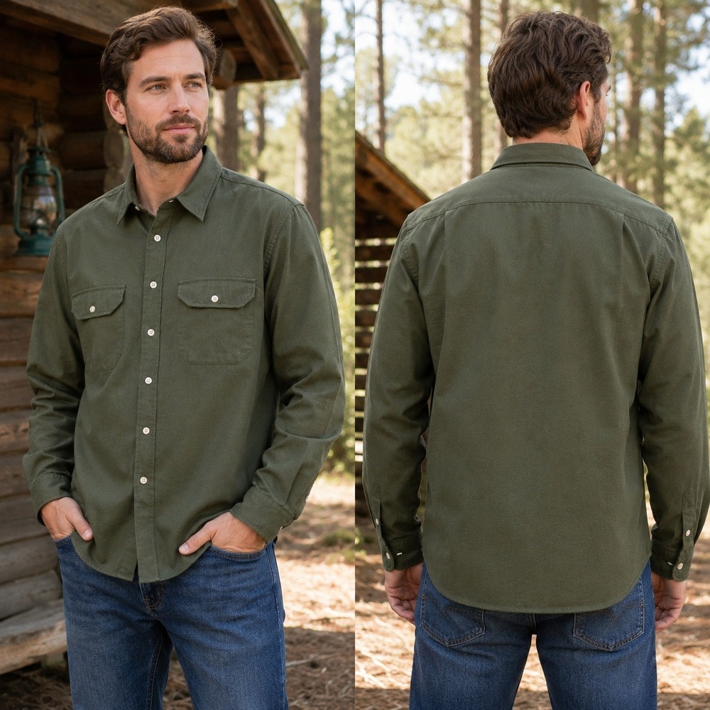 Cabelas Mens XL Tall Olive‎ Green Polyester Button Up Utility Shirt Made in USA
